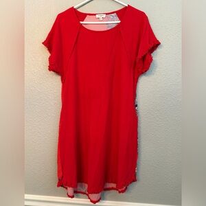 Umgee Red Linen Mixed Floral Boho Dress Size M Fringe Hem Pockets Flowy